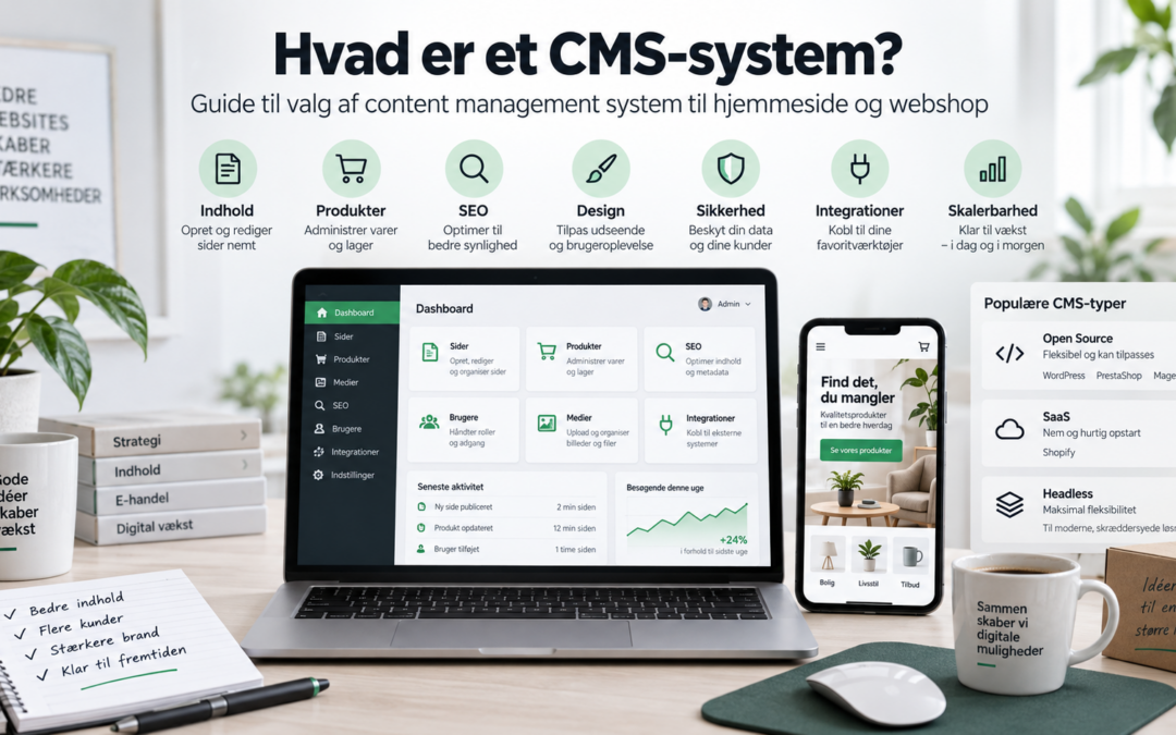 CMS-system til hjemmeside og webshop med indhold, produkter, SEO og integrationer