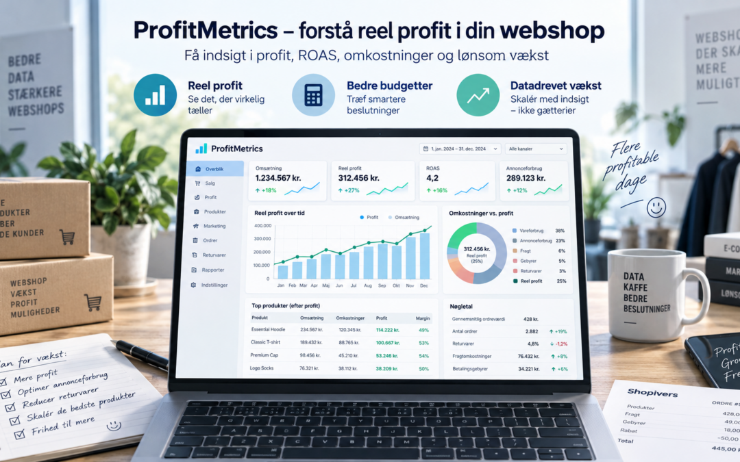 ProfitMetrics dashboard med reel profit, ROAS og webshop performance